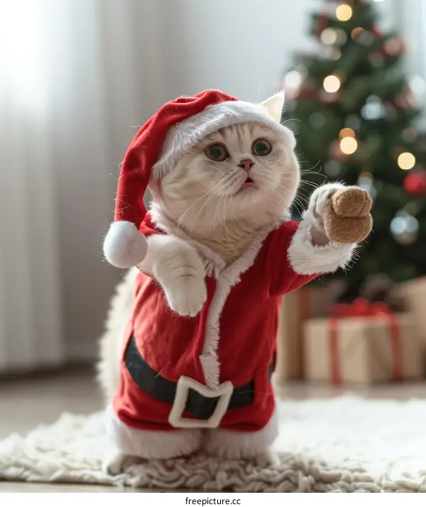 A cute cat wearing a Santa hat is standing in front of a Christmas tree