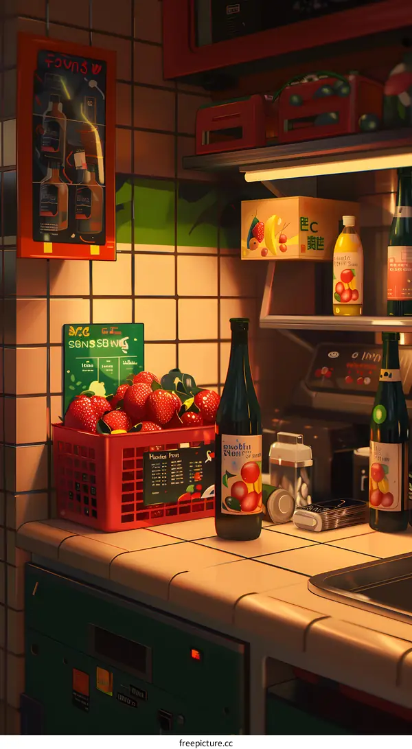 Kitchen Counter With Red Strawberries In A Basket And Bottles Of Wine