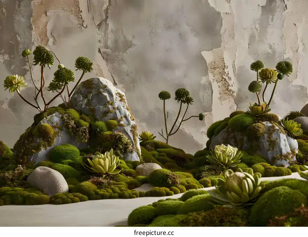 Green Moss Covered Rocks with Succulents