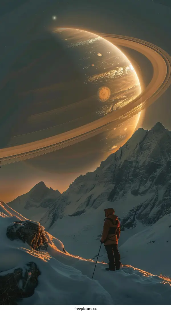 Man looking at Saturn from the top of a snowy mountain
