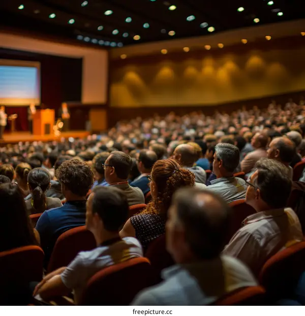 Audience listens to a speaker at a conference