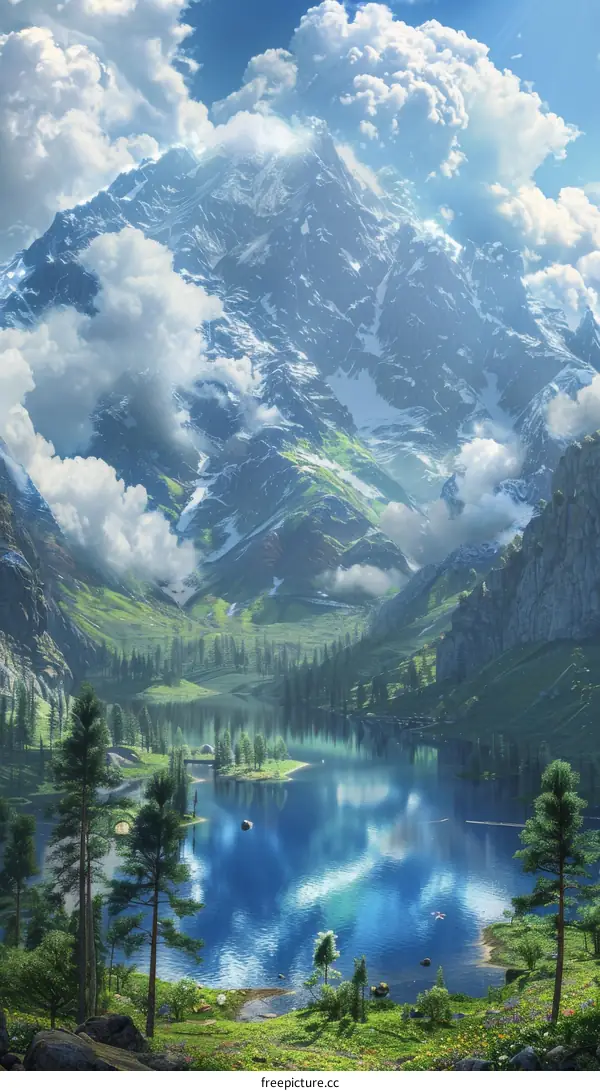 Majestic Mountain Lake Scenery Illustration