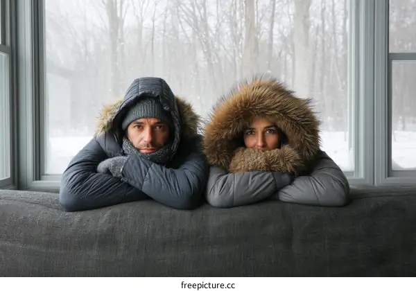 Couple Relaxing by the Window on a Snowy Day