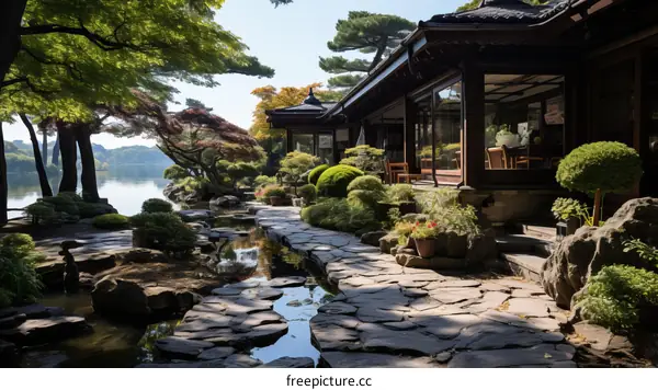 Traditional Japanese Garden with House and Pond