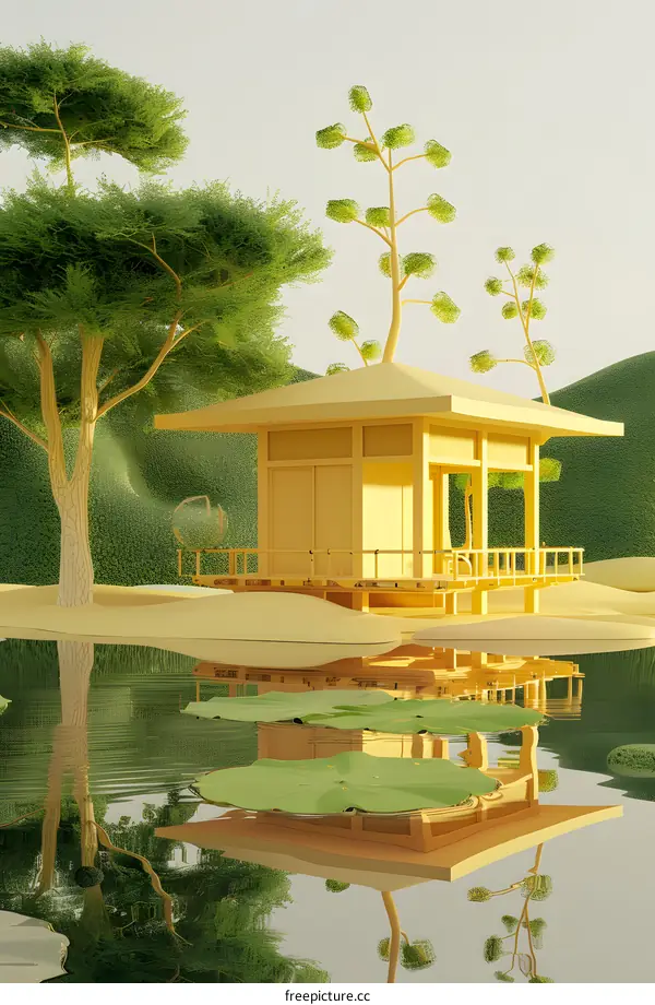 Yellow Japanese Style House With Reflection In Water