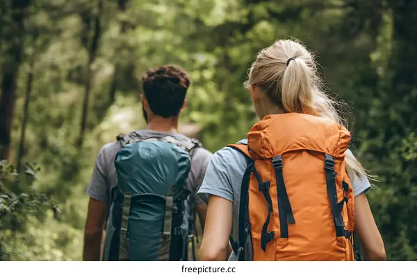 Couple Hiking Through a Forest Trail