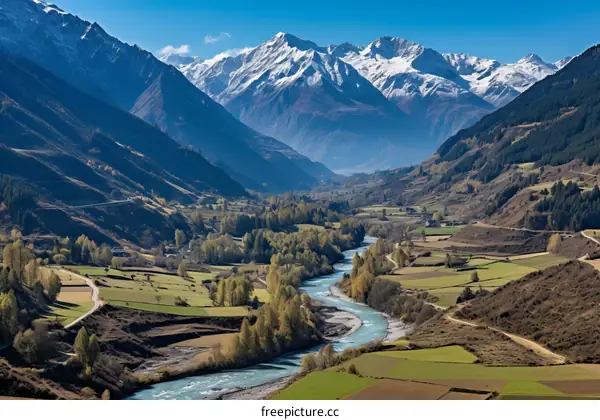 Serene River Winding Through a Swiss Alps Valley