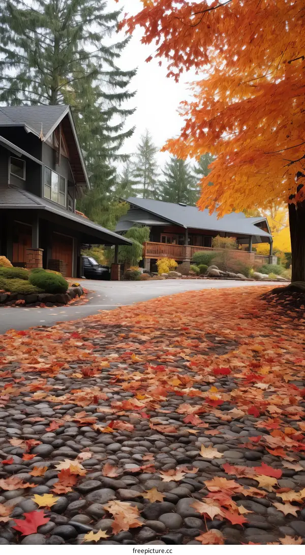 Colorful autumn leaves on the stone road in front of the house