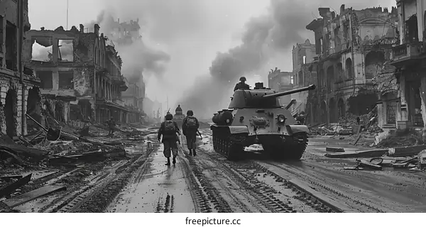 Soviet soldiers advancing through the ruins of Berlin, 1945