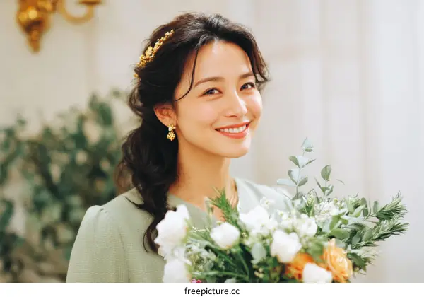 Elegant Asian Woman with a Bouquet of Flowers