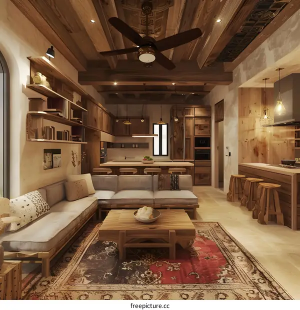 Rustic Living Room Interior Design With Wooden Beams and Ceiling