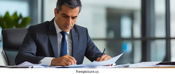 Businessman Reviewing Documents at His Desk