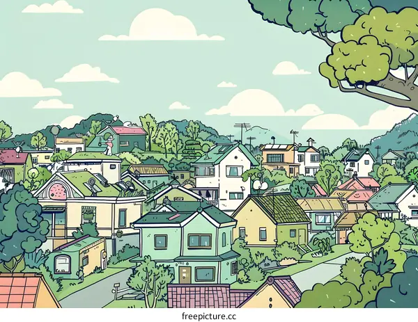 Cute Cartoon Style Illustration of a Small Town with Houses and Green Trees