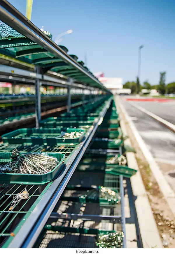 Close Up of Seedlings in Green Trays on Metal Rack