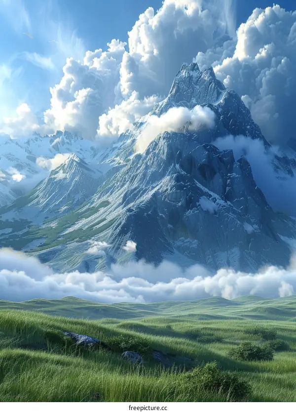 Mountain Peaks Towering Above Lush Green Fields