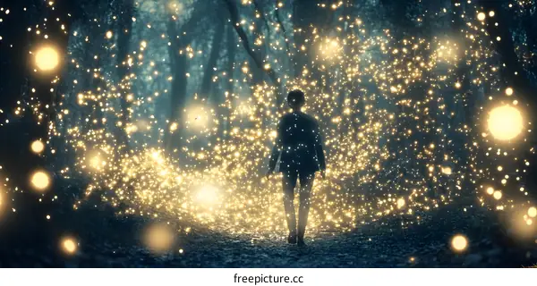 Silhouette of a Person Walking Through a Magical Forest