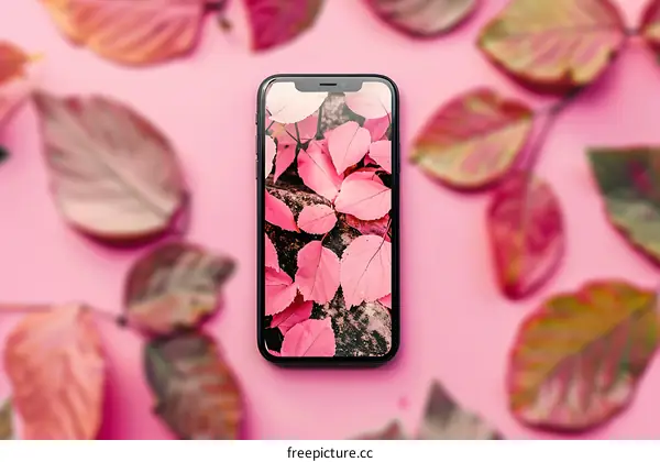 Black Smartphone with Autumn Leaves Wallpaper on Pink Background