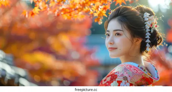 Portrait of a beautiful Japanese woman in traditional kimono