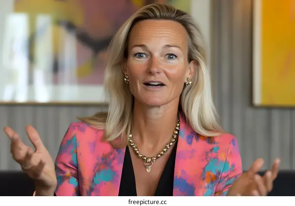 Portrait of a Woman in a Pink and Blue Blouse with Her Hands Out