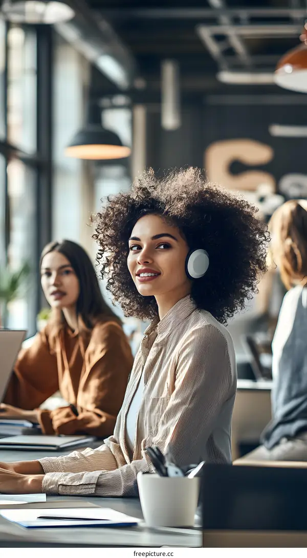 Smiling Black Woman Wearing Headphones at Work