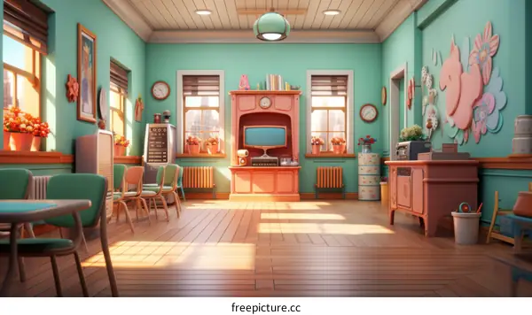 Retro classroom with pink television set