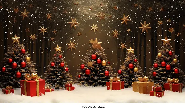 Christmas Scene with Decorated Trees and Gifts