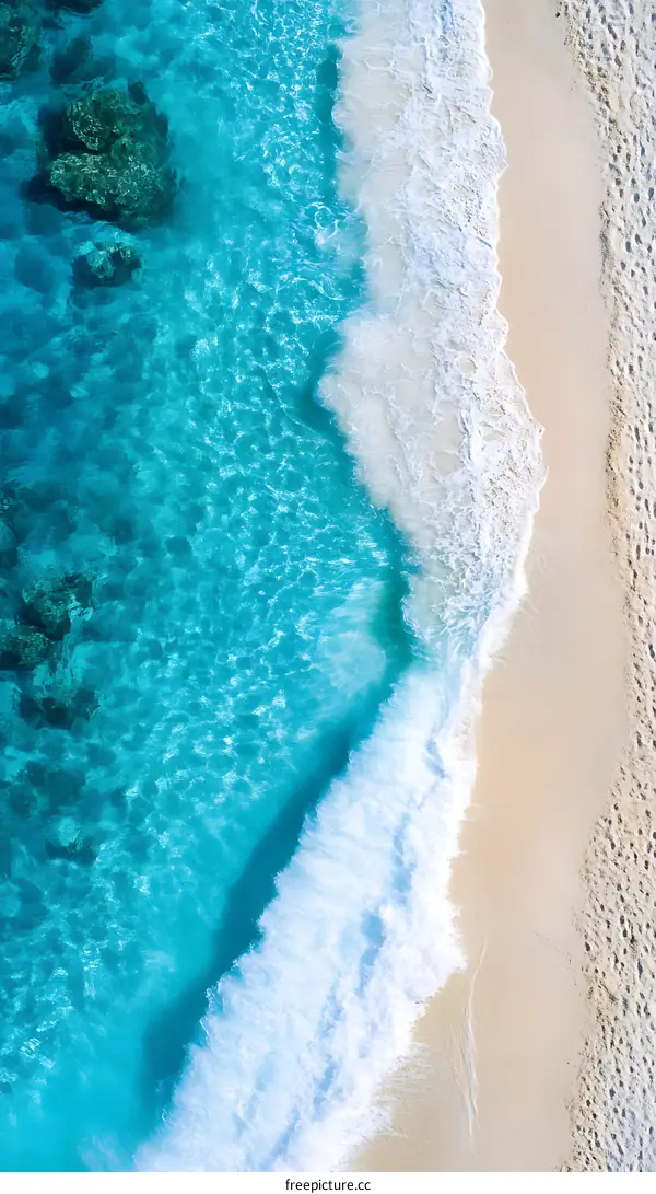 Aerial View of Ocean Waves Crashing on Sandy Beach