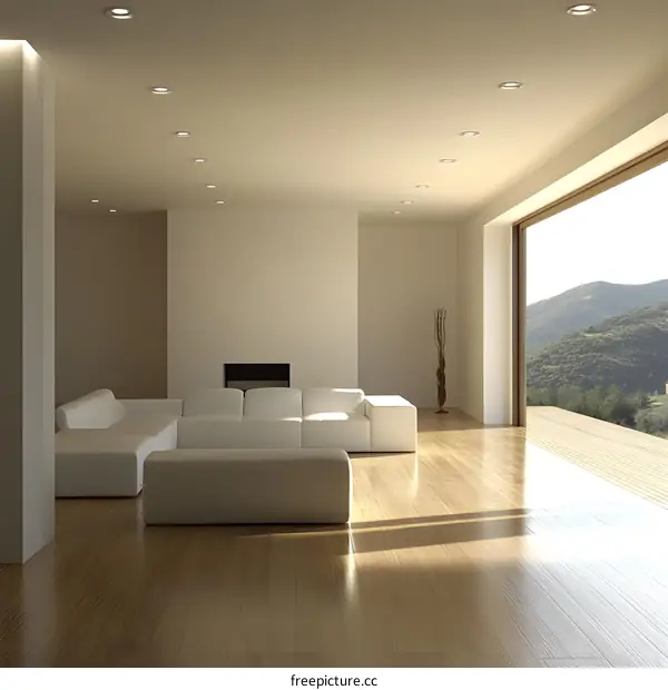 Modern Living Room Interior Design with White Sofa and Large Windows