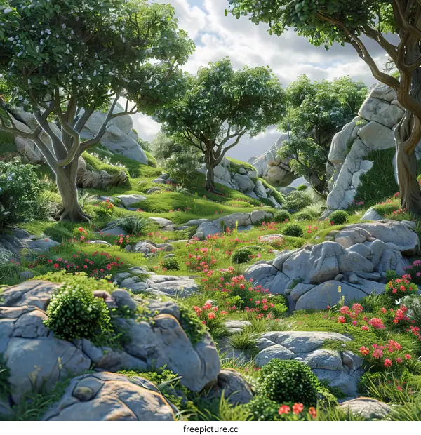 Mystical Rocky Landscape with Pink Flowers