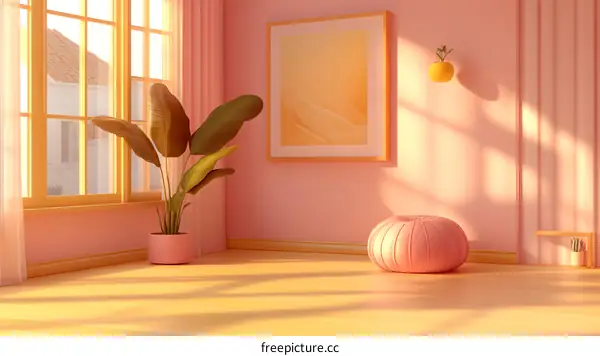 Pink Minimalist Room Interior Design with Yellow Sun Light
