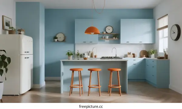 Modern Light Blue Kitchen with Wooden Floor and Pendant Light