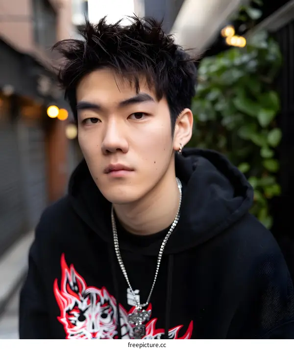 Portrait of a Young Asian Man in a Black Hoodie
