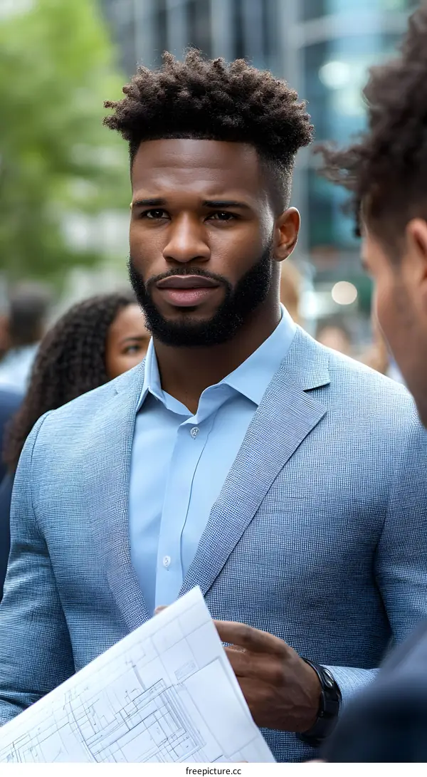 African American Man in Suit Holding Blueprints