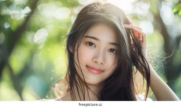 Portrait of a Young Woman with Long Black Hair Smiling