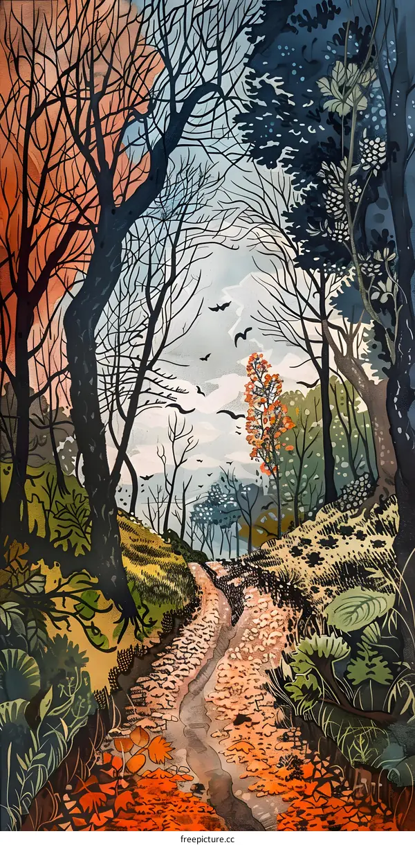 Autumn Woodland Path Watercolor Illustration