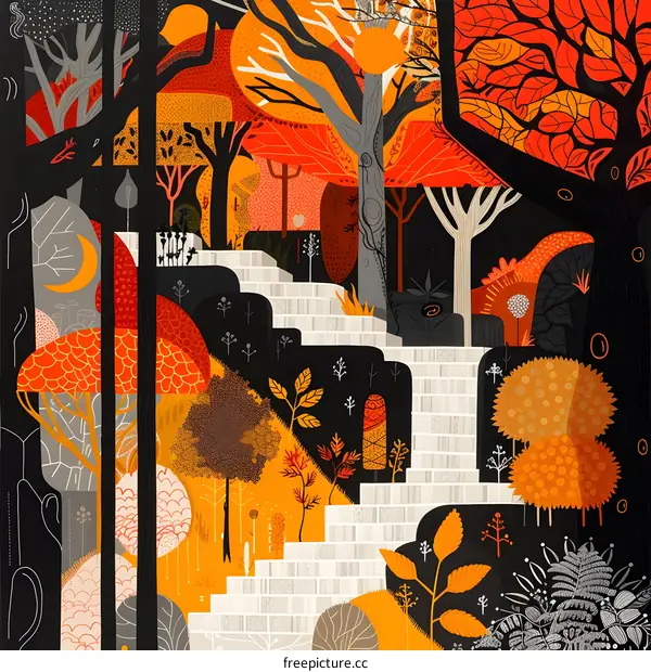 Abstract Autumn Forest Illustration with Steps