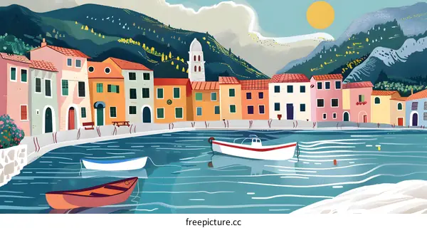 Colorful Houses on the Coast with a View of Mountains