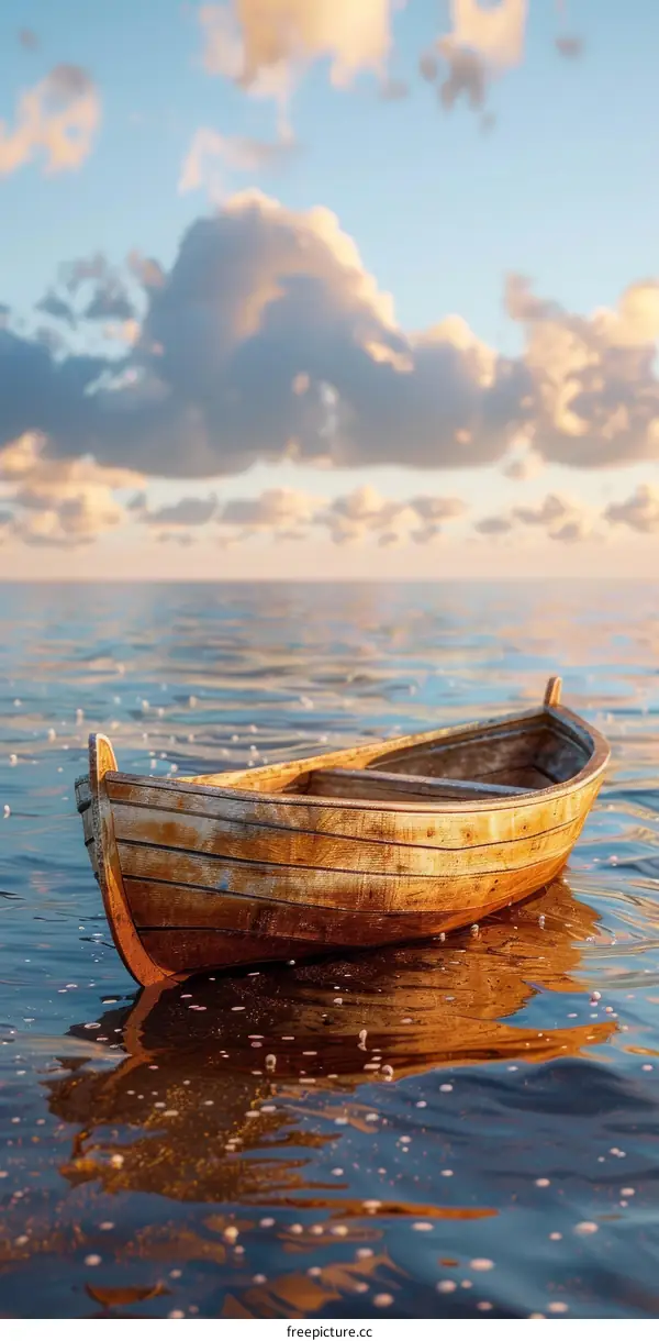 Wooden Boat Floating in Water with Sunset Clouds