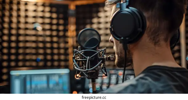 Male radio host broadcasting live from studio using professional equipment