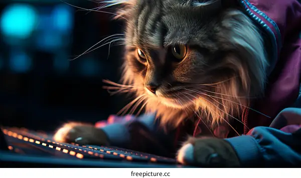 A hacker cat is working on a computer in a dark room