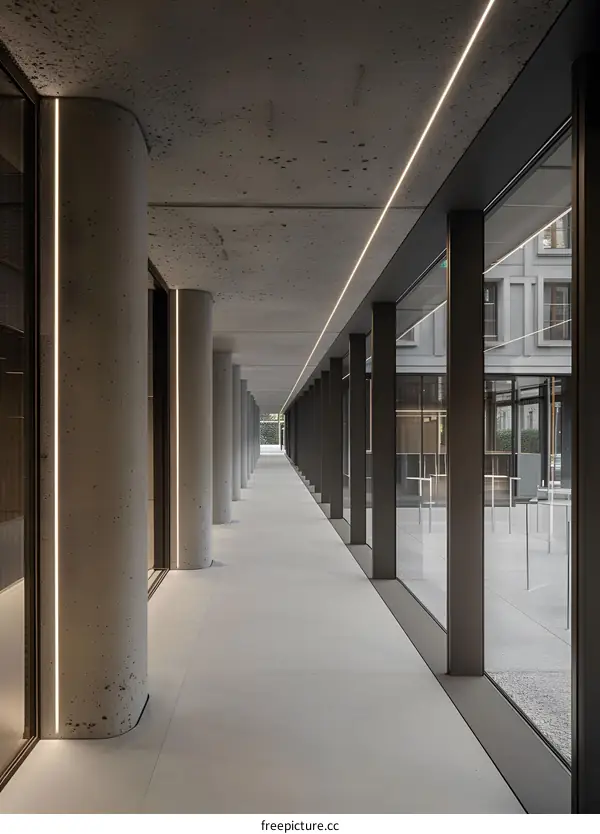 Modern Minimalist Concrete Corridor with Glass Walls and Linear Lighting