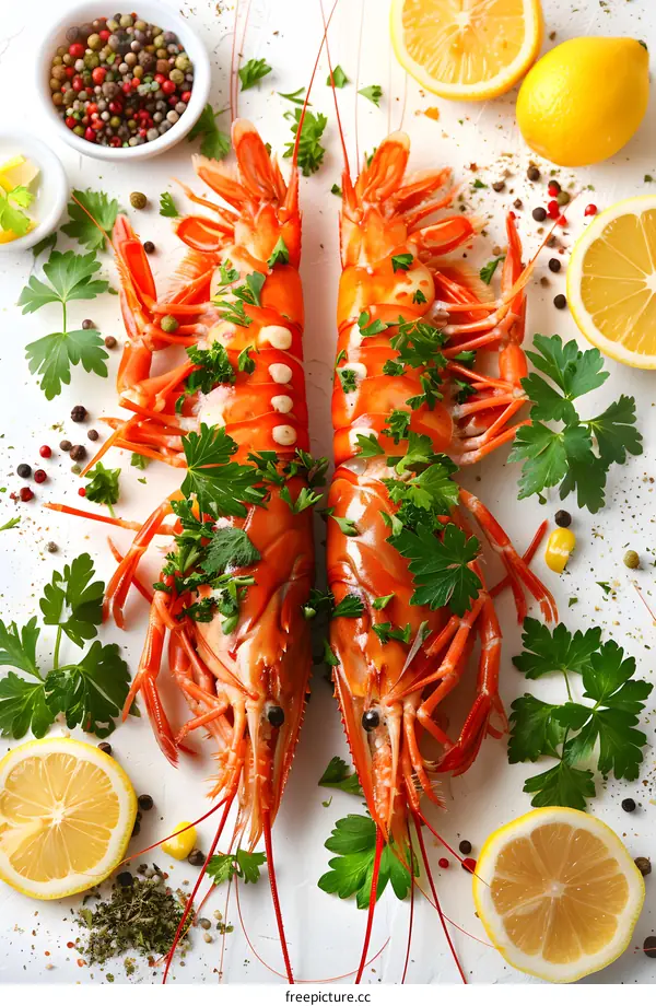 Two red lobsters garnished with parsley and lemon wedges