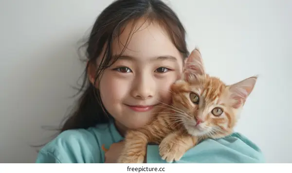 A young girl is hugging an orange cat