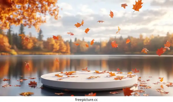 Autumn Leaves Falling on a White Round Display Platform by a Lake