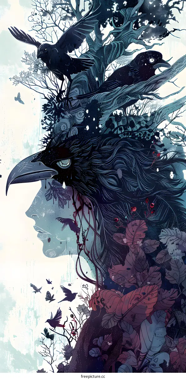 Raven Woman Illustration With Floral and Tree Design