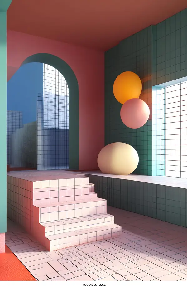 Minimalist Interior Design with Geometric Shapes and Colored Spheres