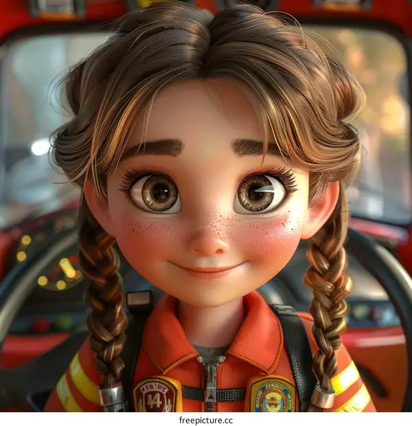Smiling Firefighter Girl with Freckles and Brown Hair