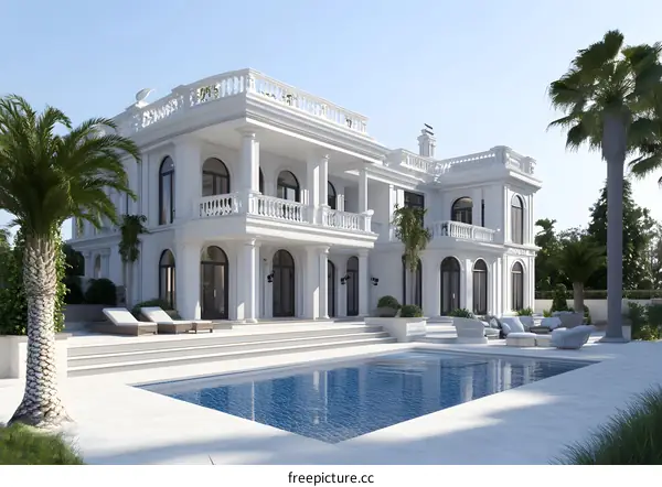 Modern White Villa With Pool And Palm Trees