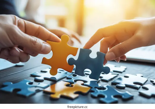 Two people of different ethnicity putting puzzle pieces together