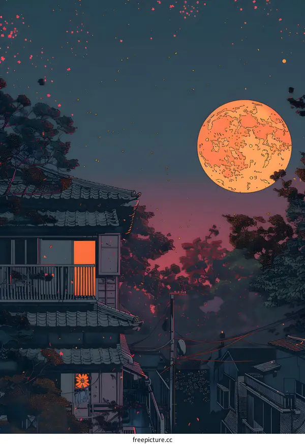 A digital painting of a cityscape at night with a full moon.